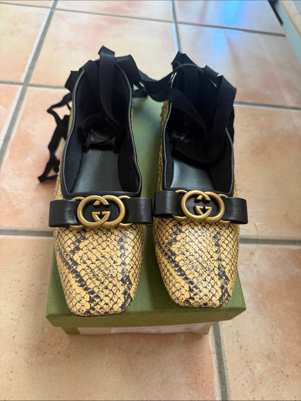 Gucci Yellow Snakeskin Ballet Flats with Black Ribbon and Gold Hardware
